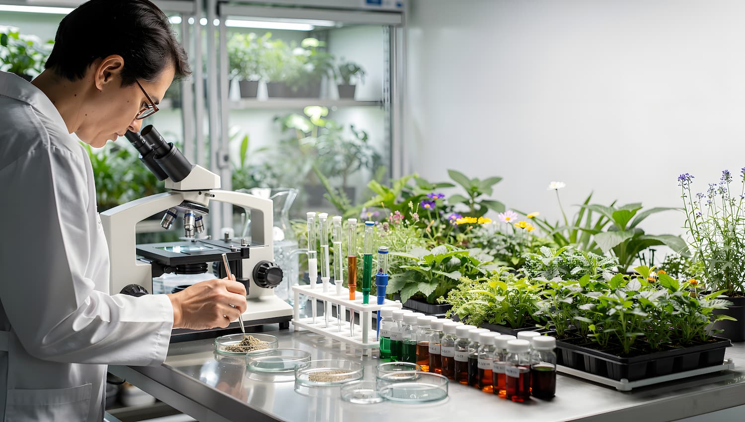 Scientist examining plant samples in a laboratory.