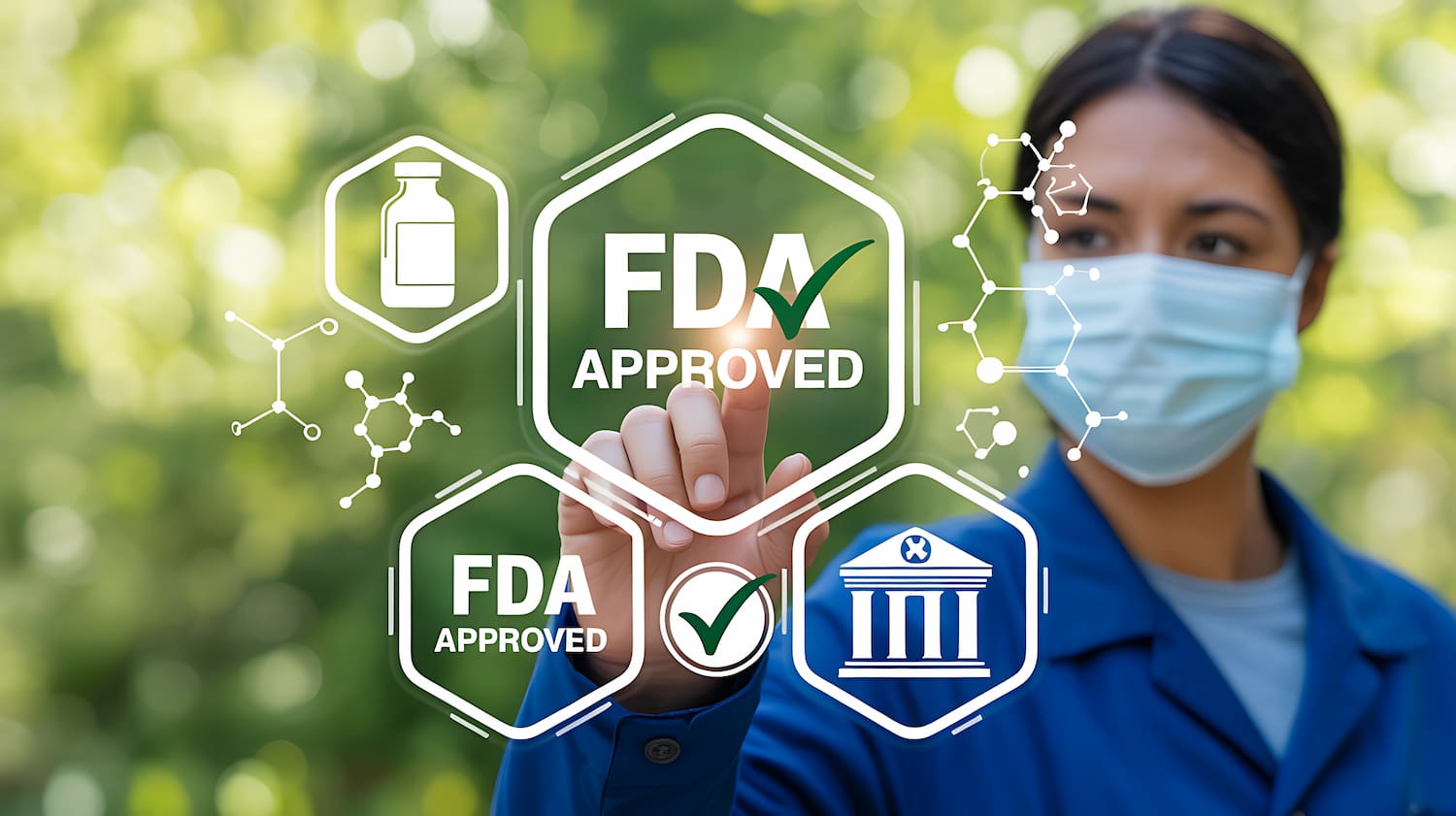 Woman touching digital FDA approved medical icons.