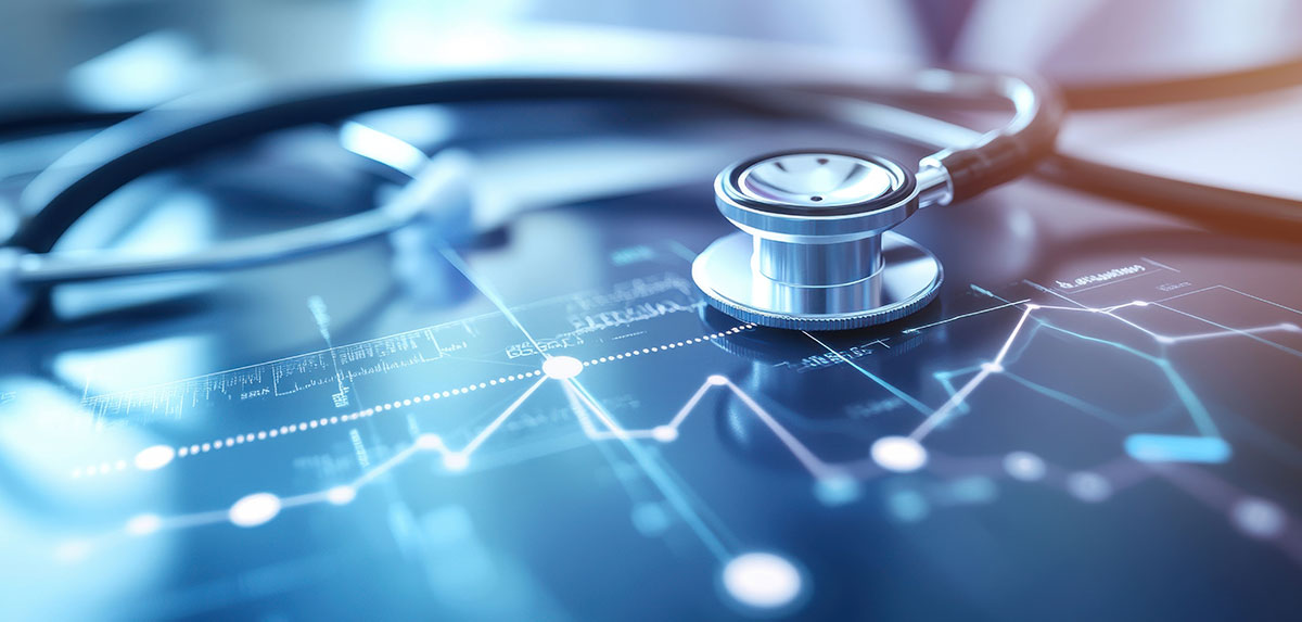Stethoscope placed upon a tablet screen of data set points.