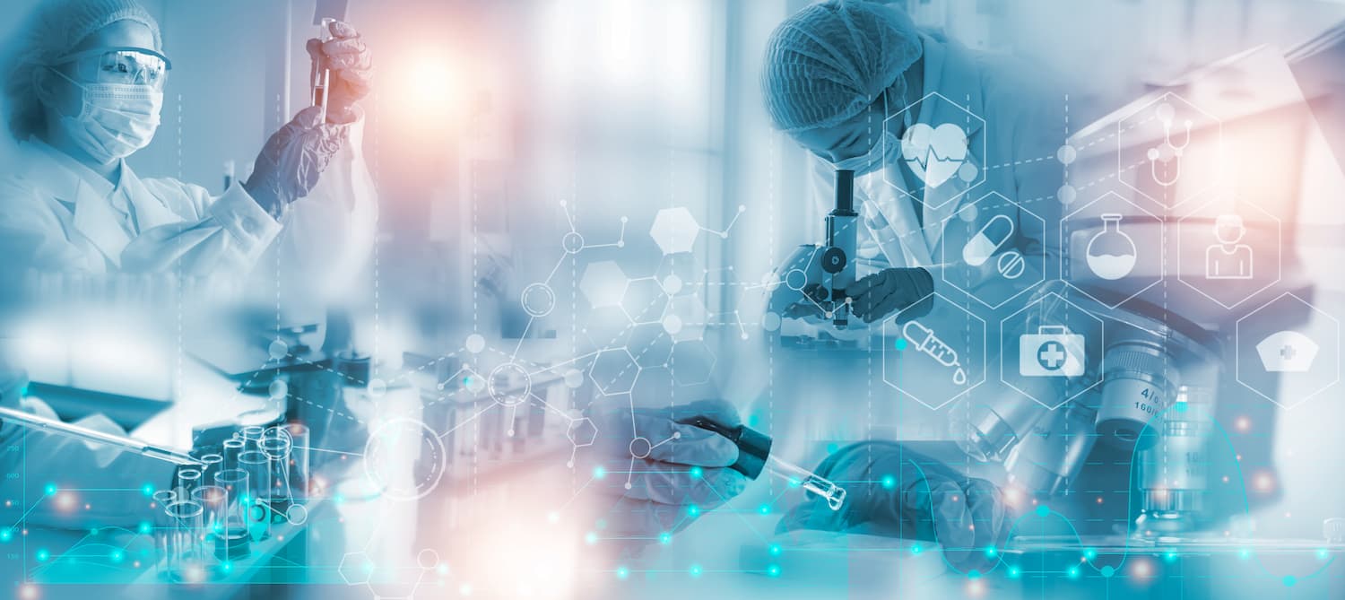 Researchers analyzing scientific laboratory data.