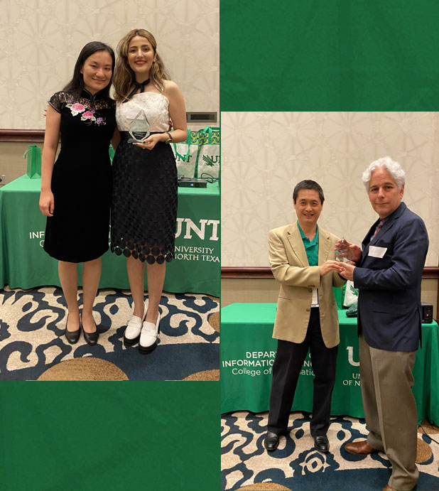 Collage of IS alumni receiving their awards at a reception.